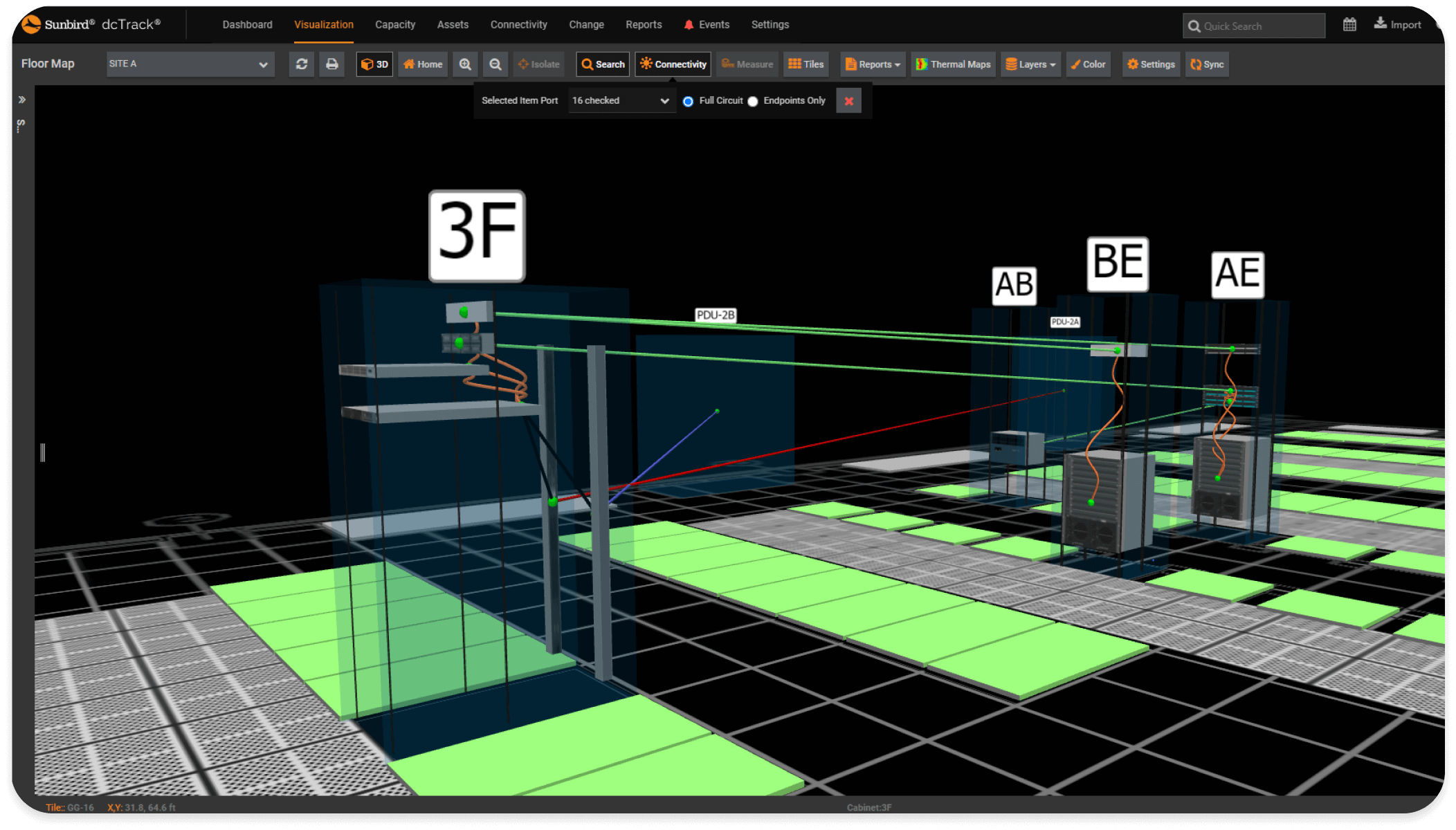 3D visualization of all power and data circuits, hop by hop.