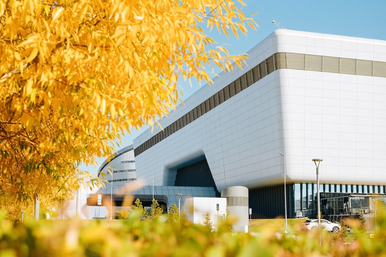 High-tech building modern architecture on an autumn sunny day