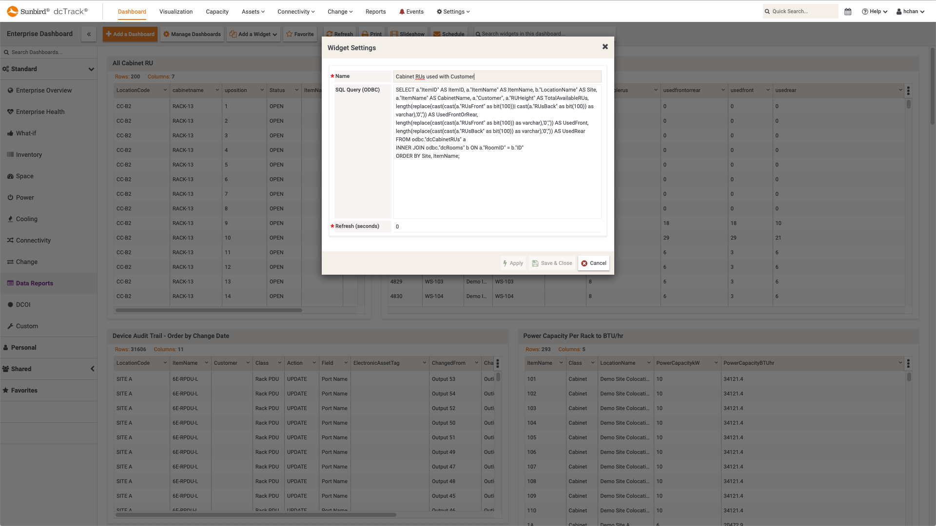 Screenshot of Adding SQL Query Report Widget