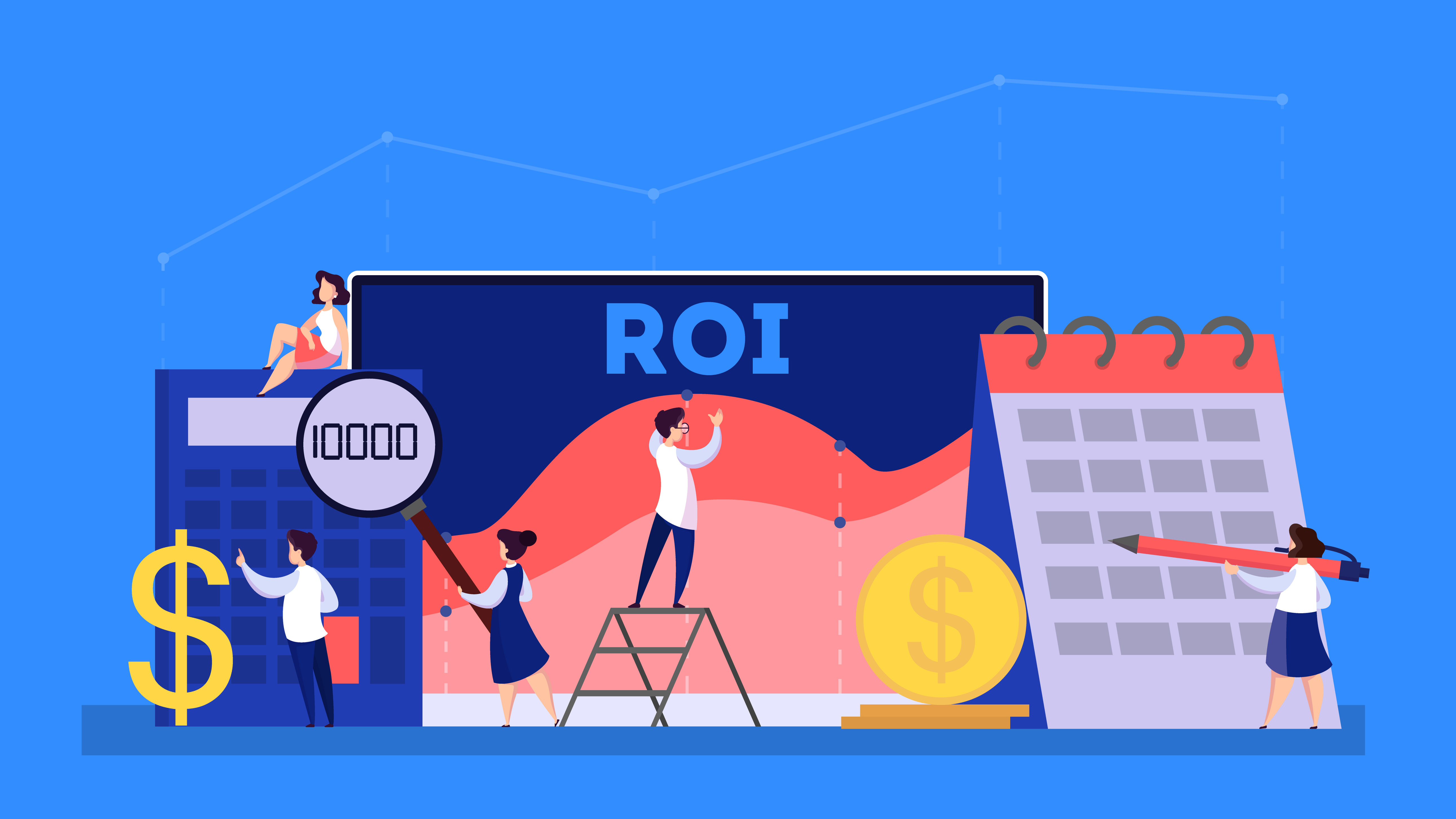 Characters using calculators and charts to show improved ROI