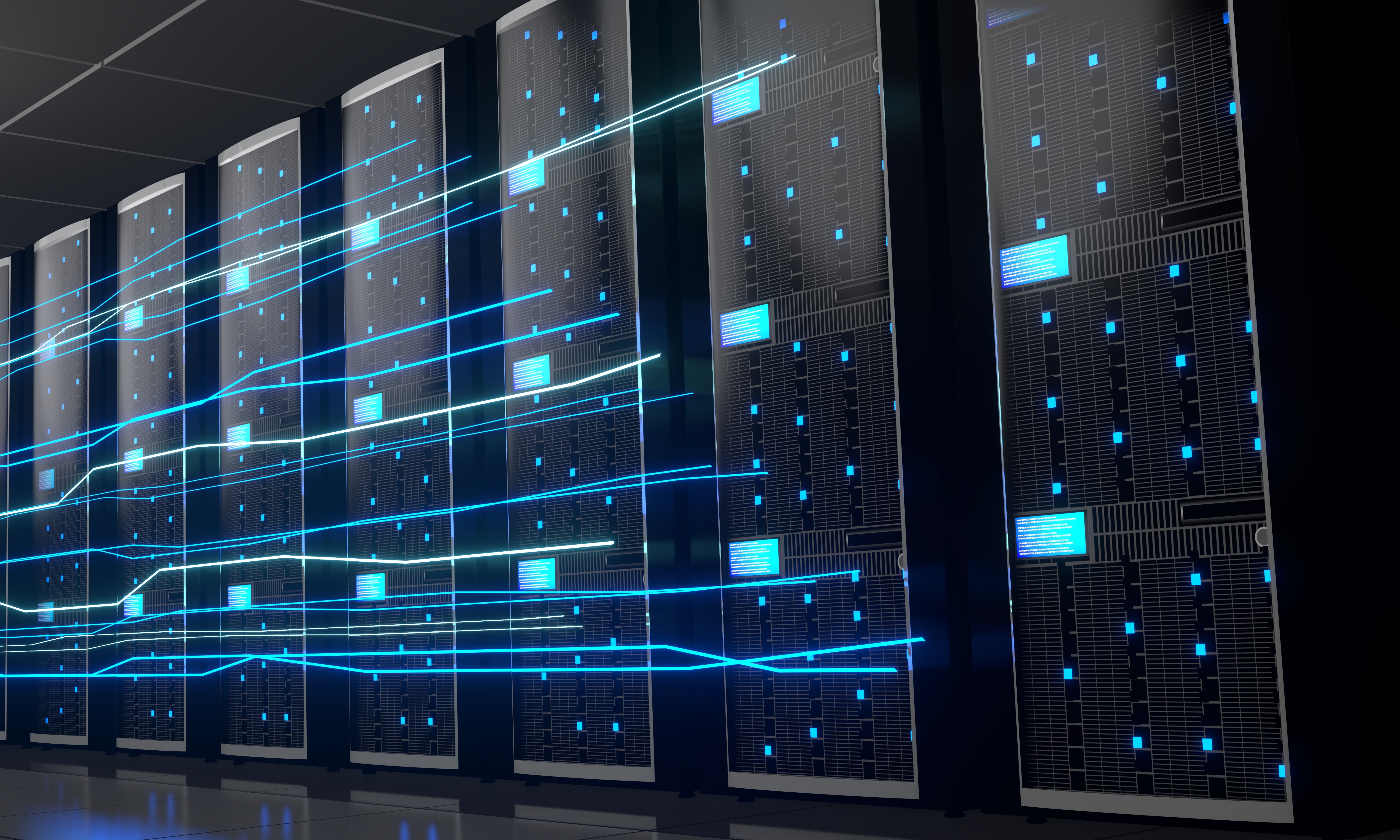 3D server room/ data center - storage, hosting, fast Internet concept