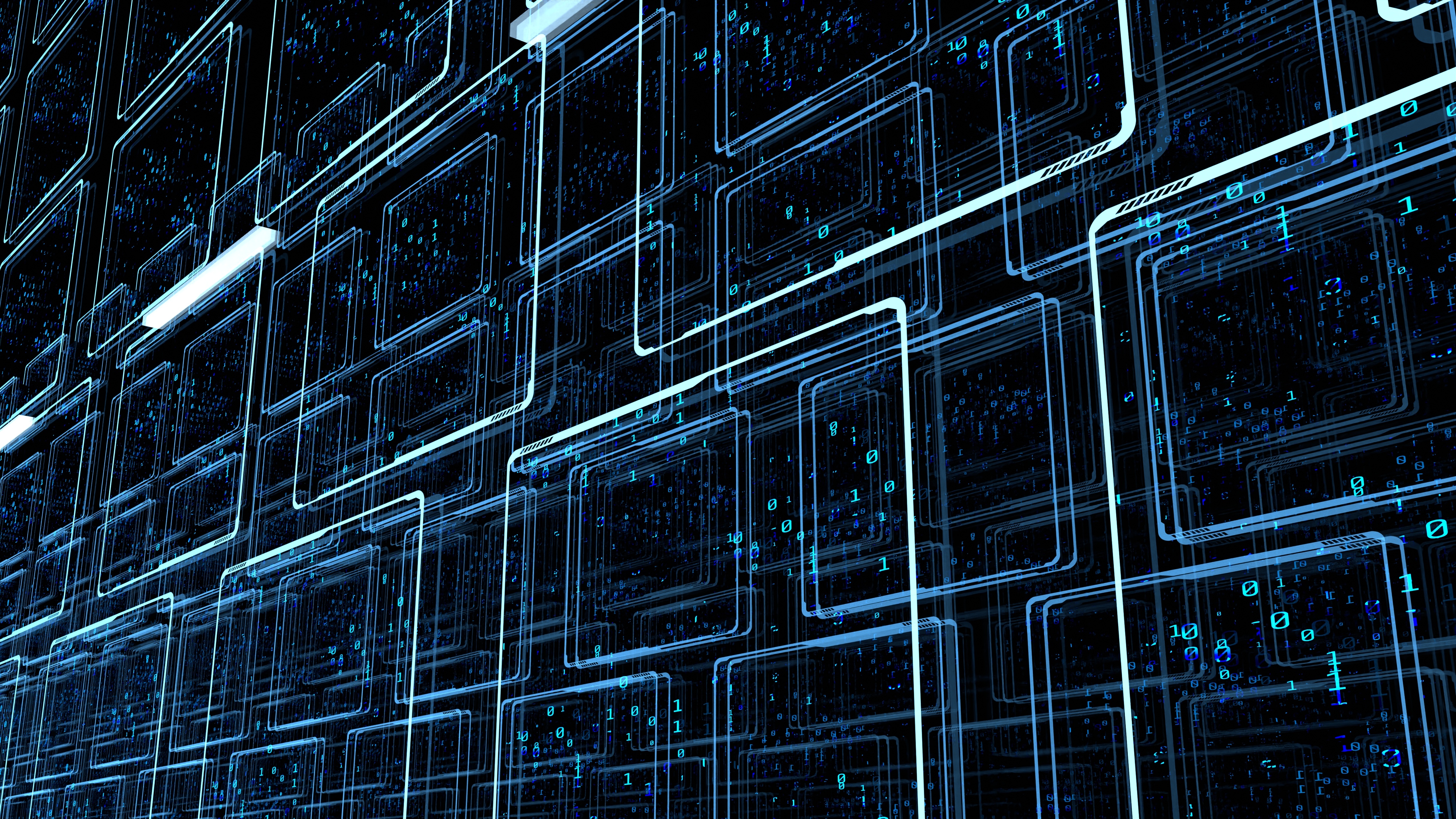 3D Rendering of binary data on monitor screen panels in sci fi theme data center.