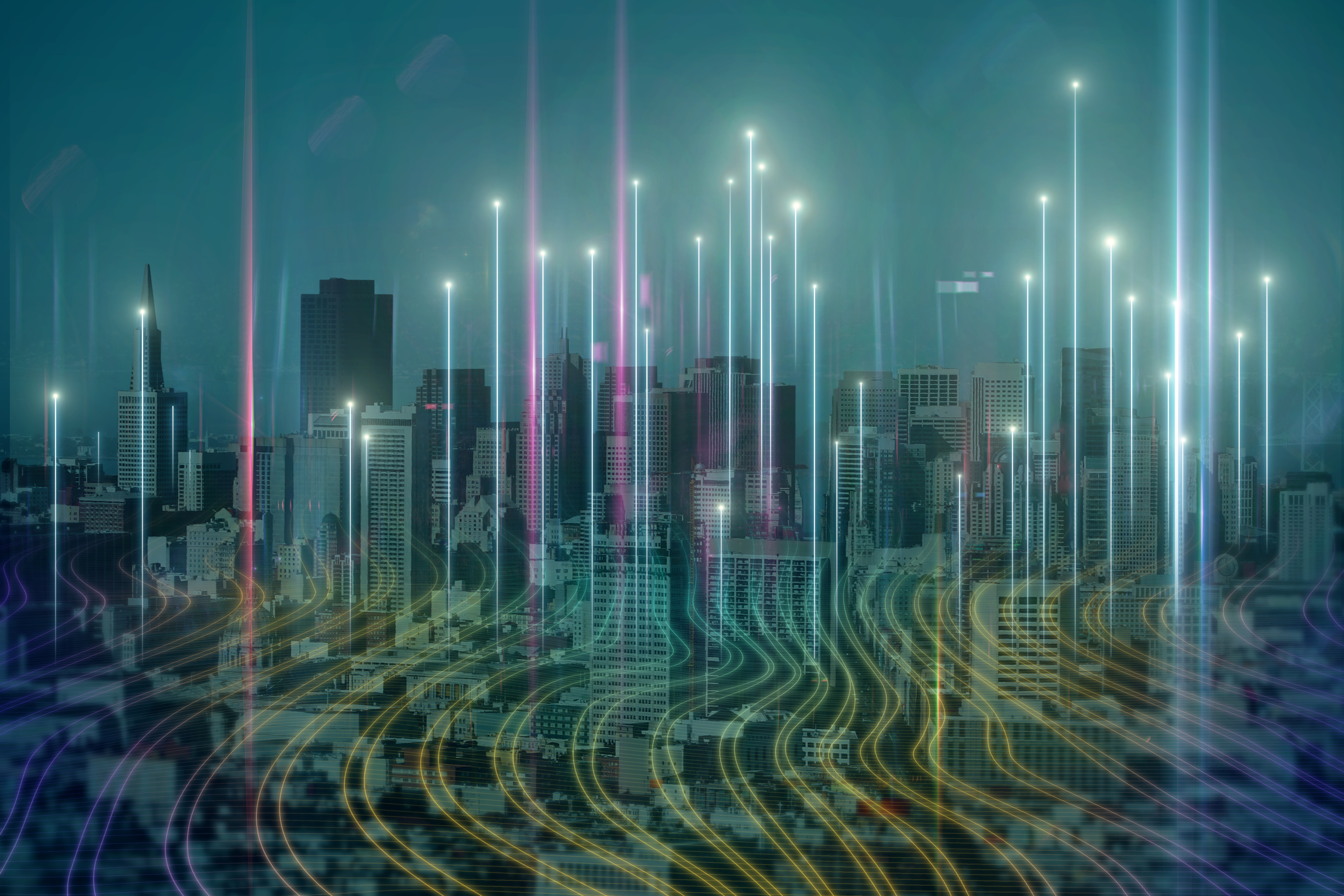 Creative digital city background. Smart city, technology and innovation concept. Double exposure.