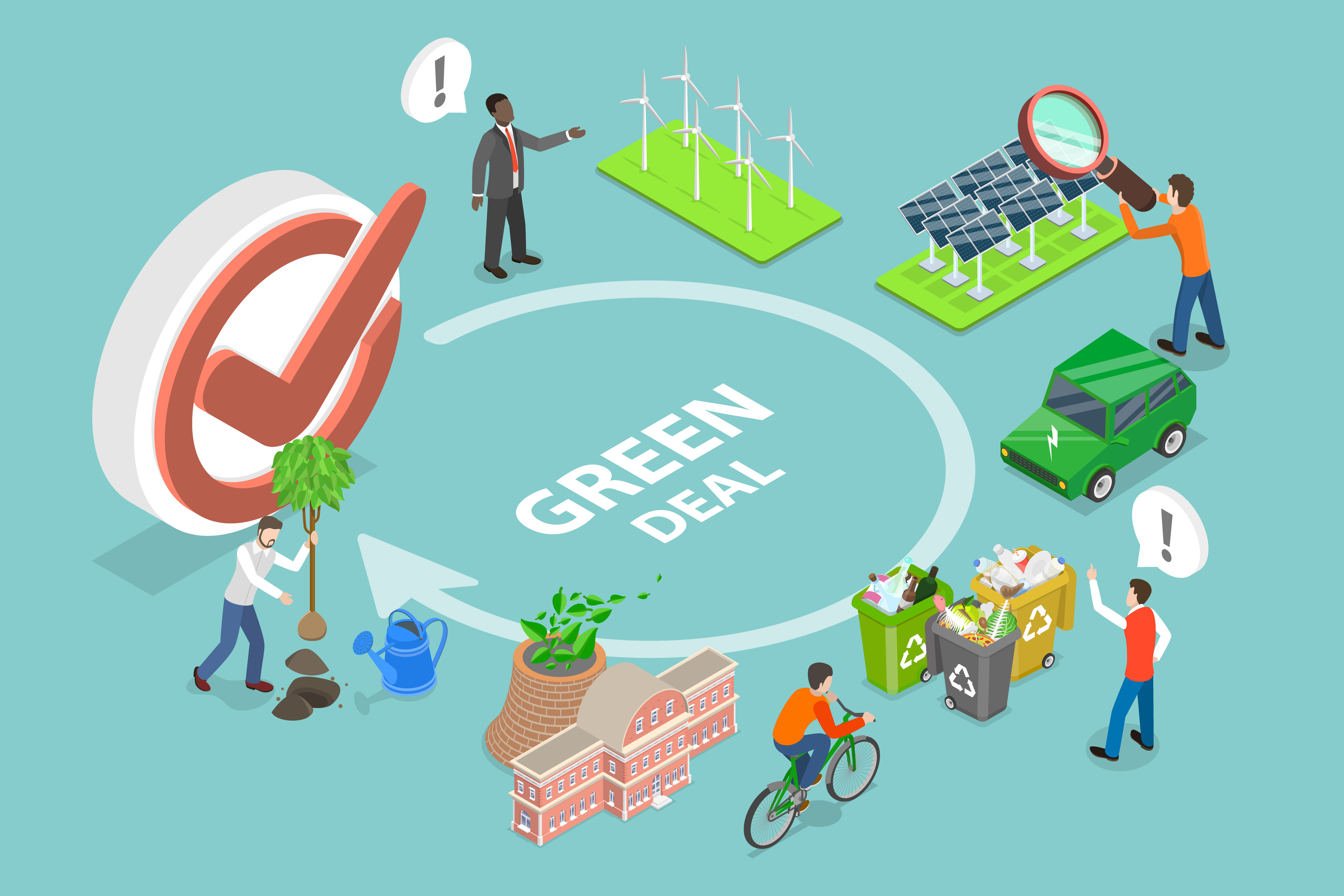 Illustration of green deal best practices like renewable energy and recycling