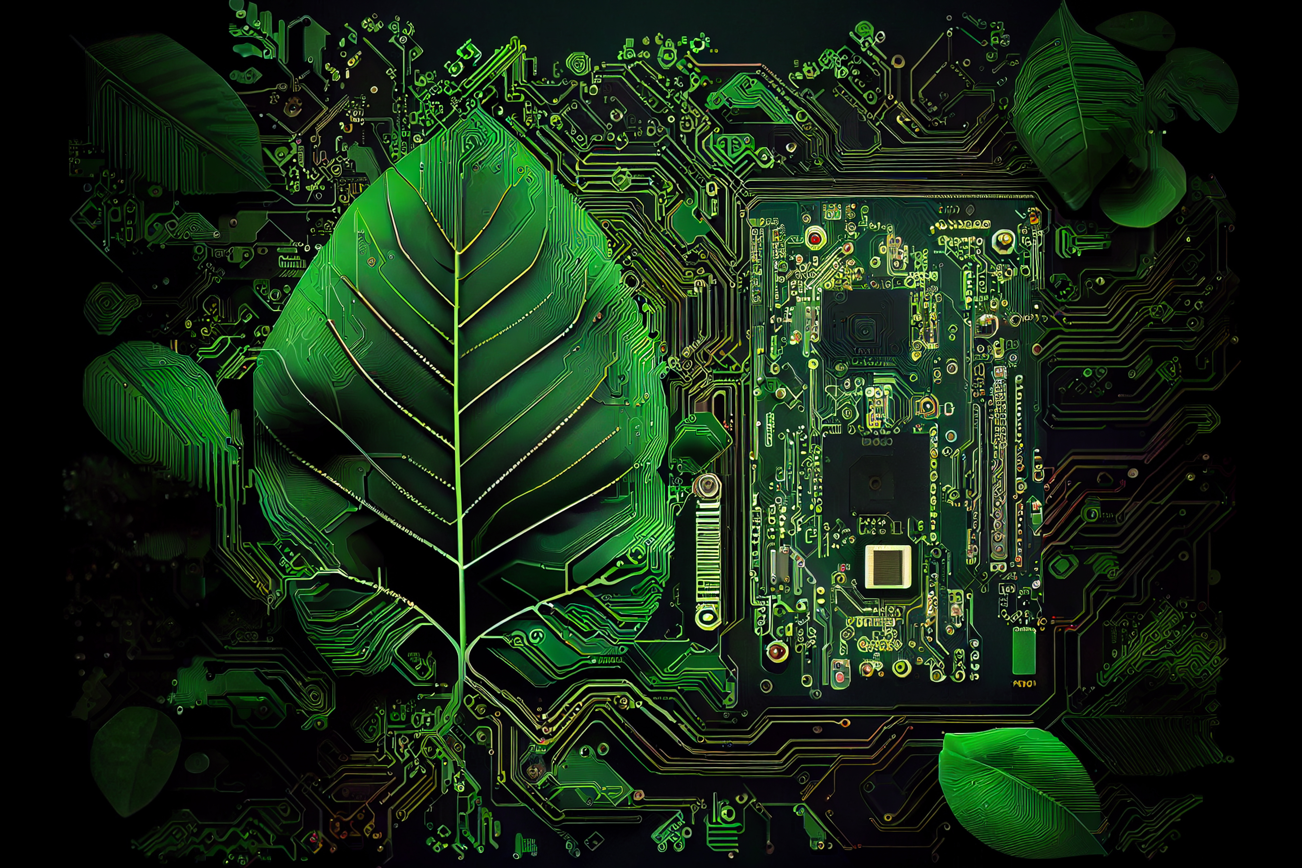 Illustration of motherboard or cicruit board covered with leaves roots and plants.