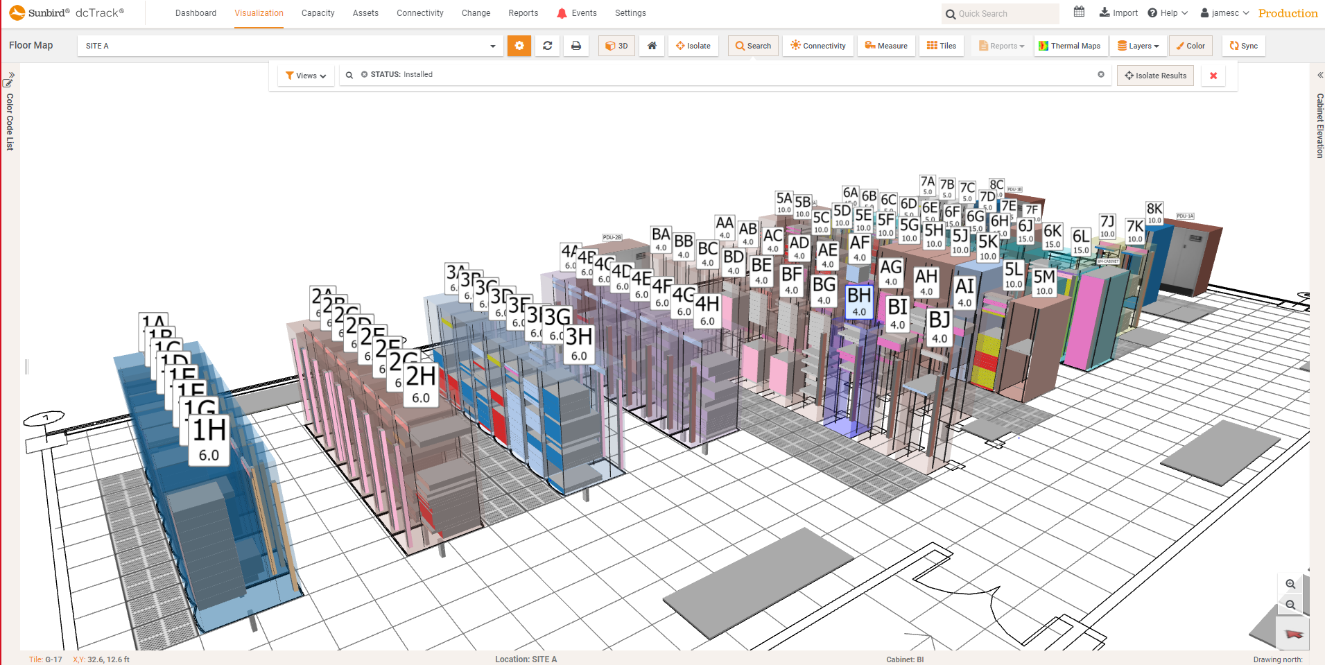 dcTrack Color-Coded Floor Map Search Results