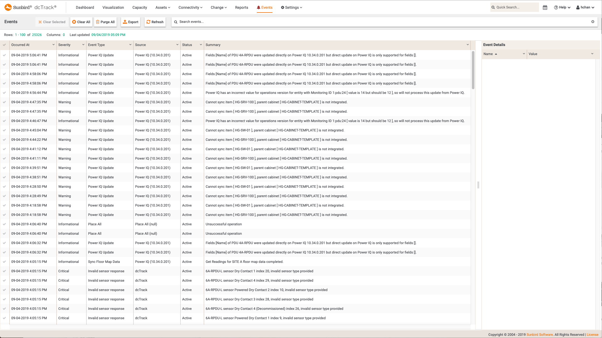 Screenshot of Consolidated Event Management Tab