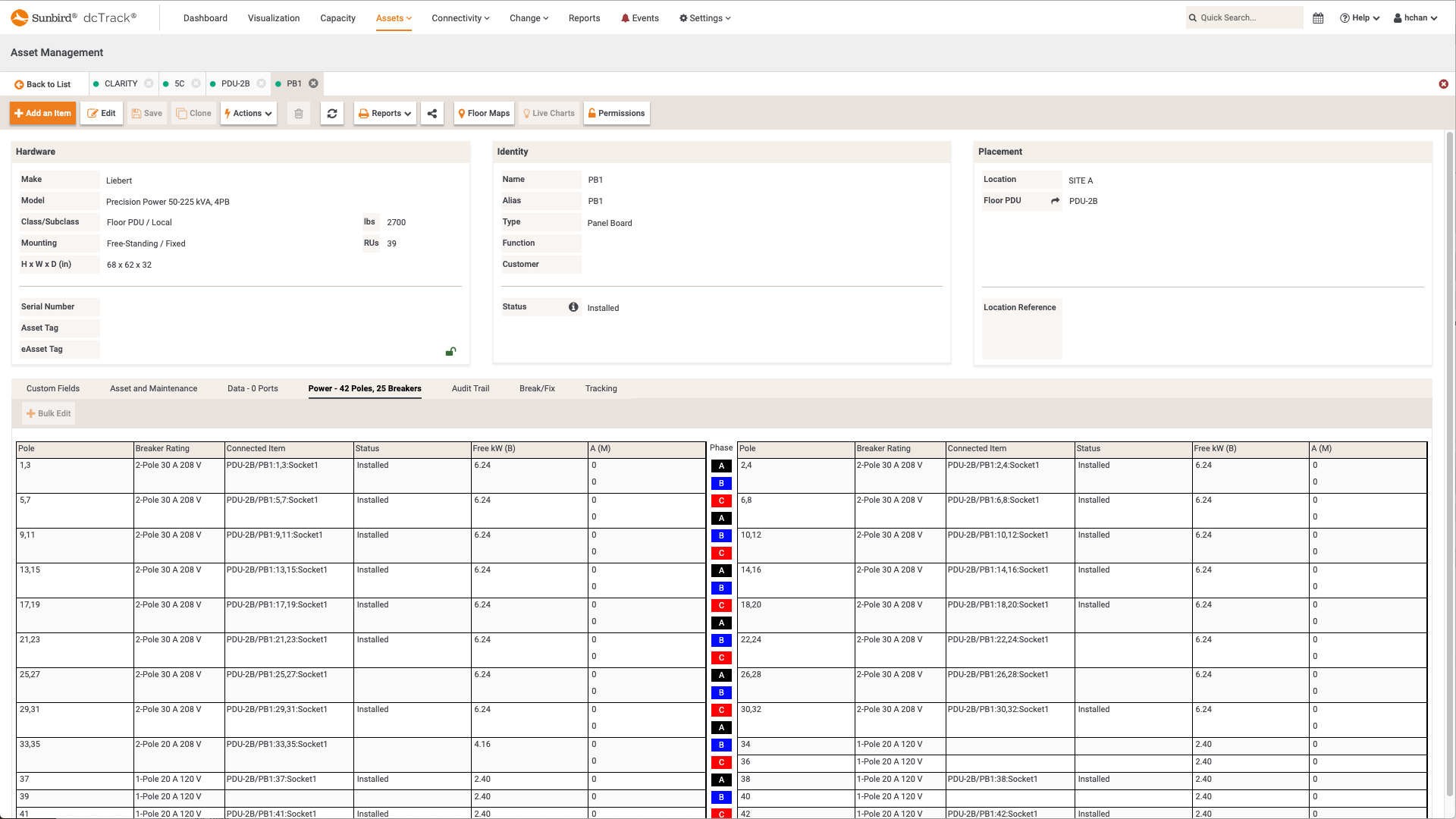 Screenshot of Floor PDU Panel Details with Panel Schedule