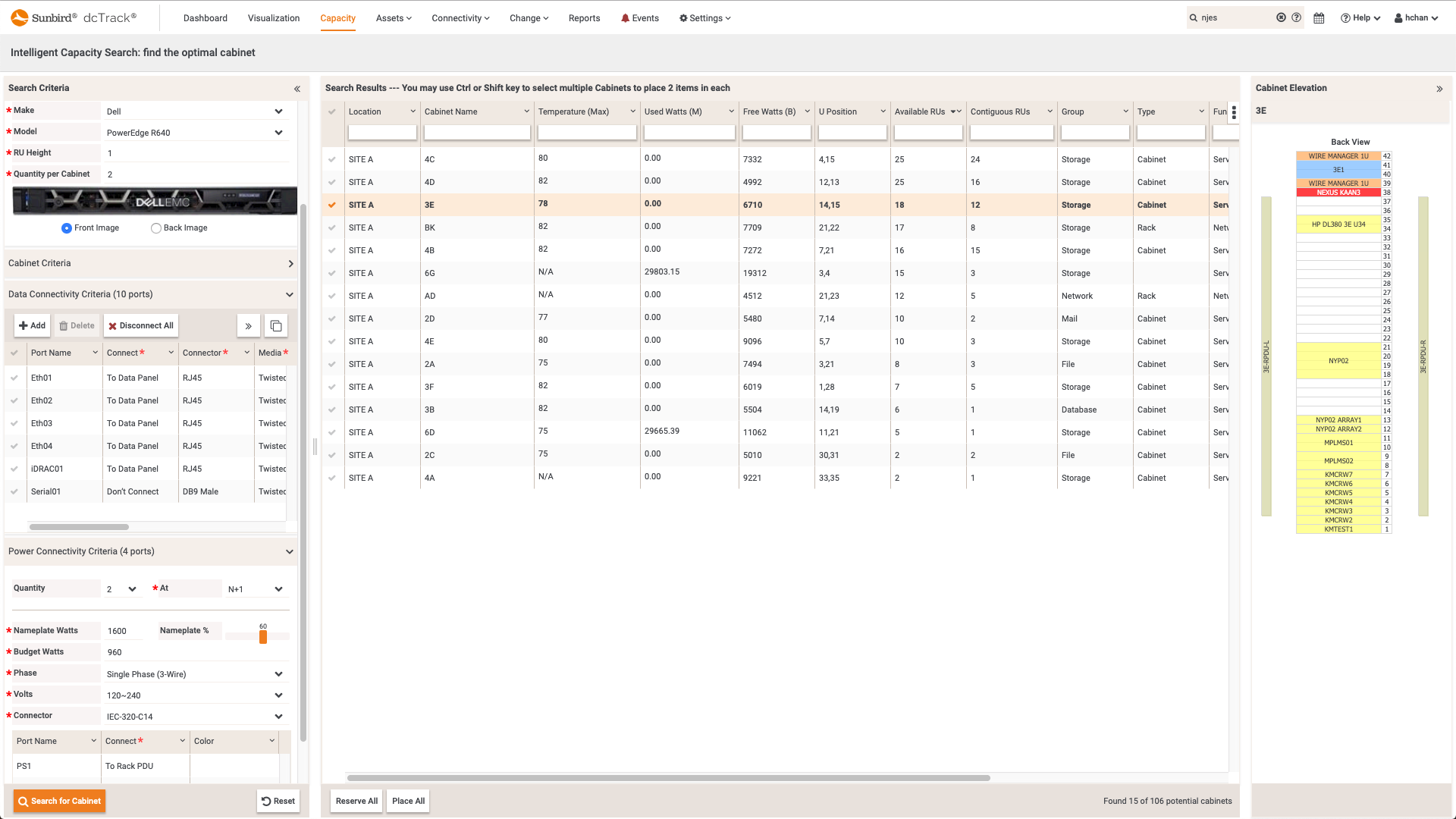 Screenshot of Intelligent Capacity Search for Space, Power, and Data Connectivity