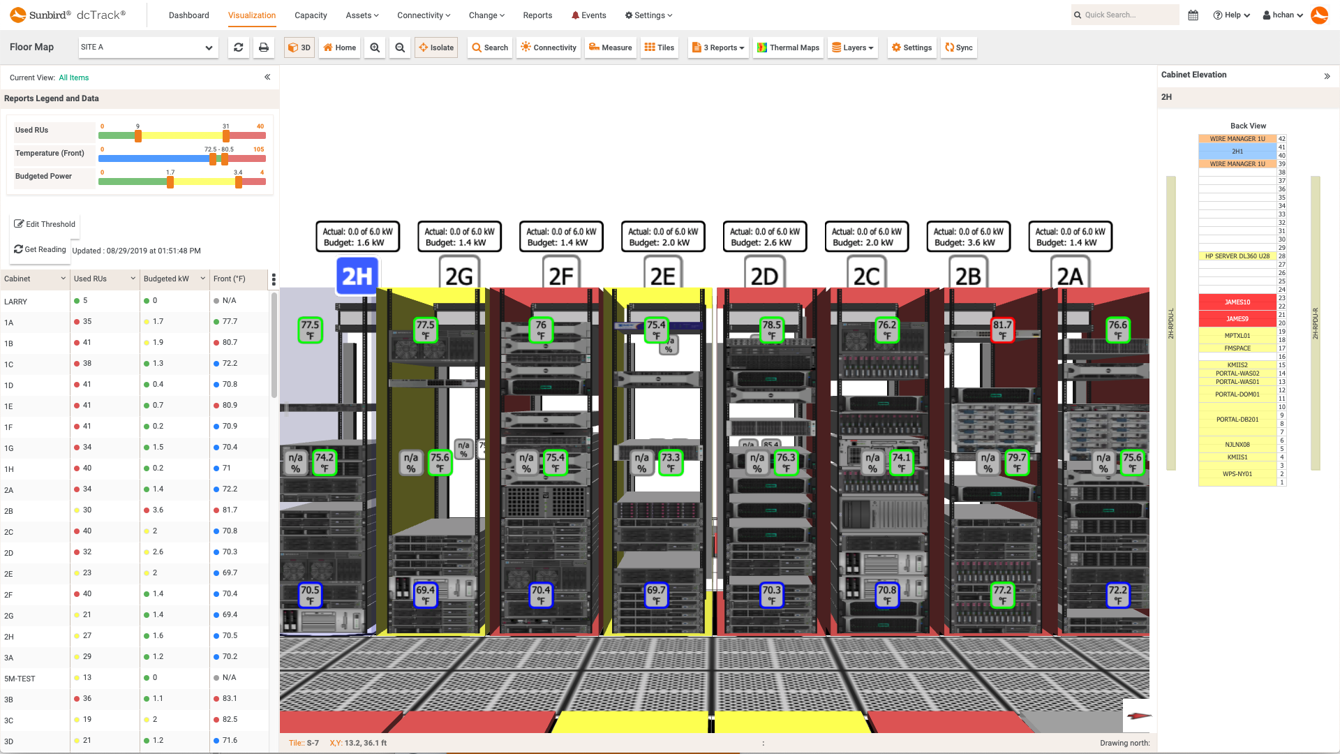 DCIM software screenshot of isolated cabinet view with multiple reports