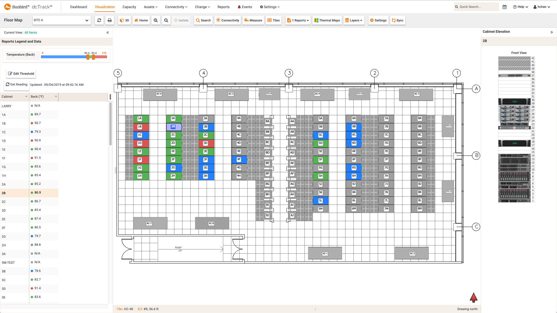 Max Temperature Per Cabinet Rear Floor Map Report Sunbird Dcim