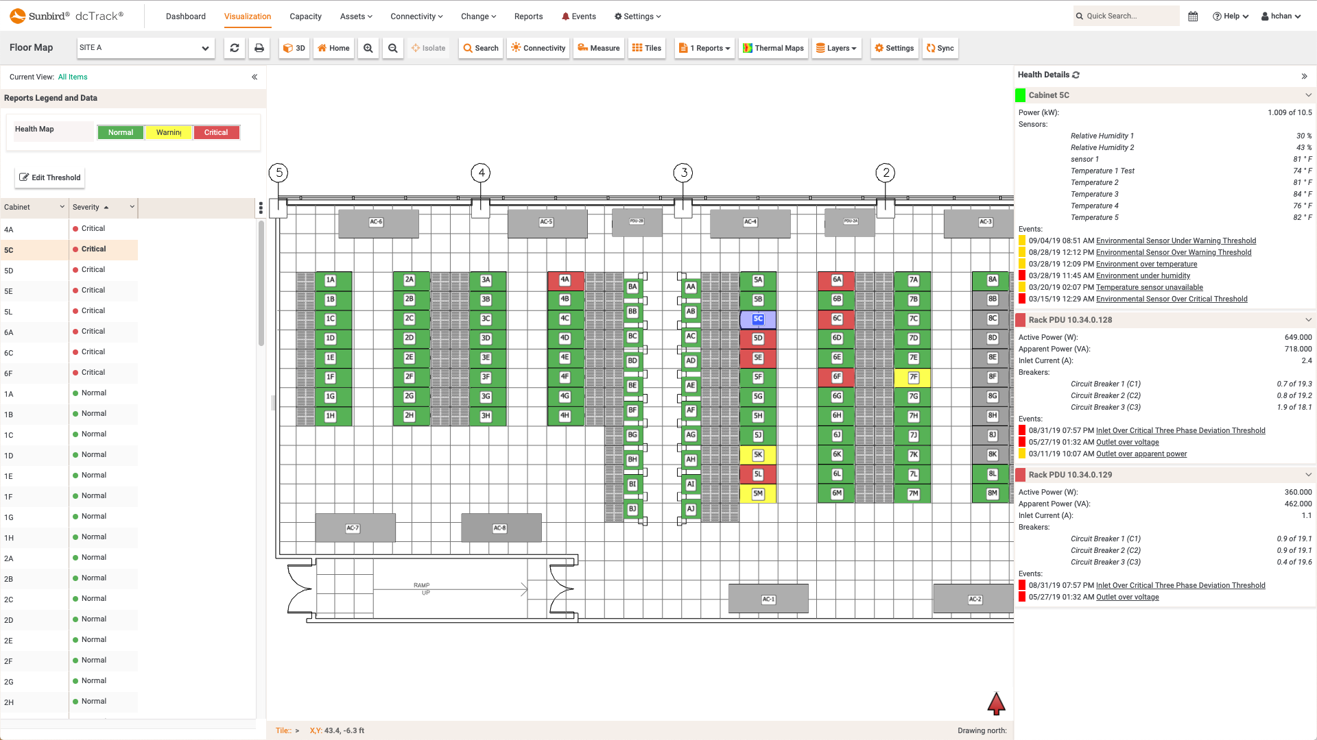 Screenshot of dcTrack Cabinet Health Floor Map Report