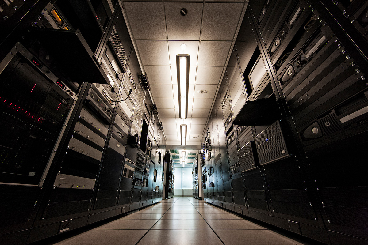 storage racks aligned in a computer server room