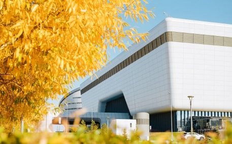 High-tech building modern architecture on an autumn sunny day