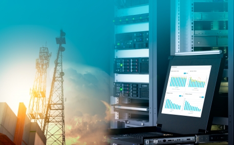 Management monitor with charts on screen in data center and telecommunication tower