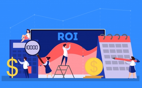 Characters using calculators and charts to show improved ROI