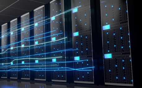 3D server room/ data center - storage, hosting, fast Internet concept