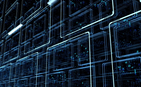 3D Rendering of binary data on monitor screen panels in sci fi theme data center.