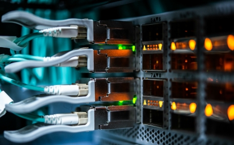 optical cables connected to the switch in data center