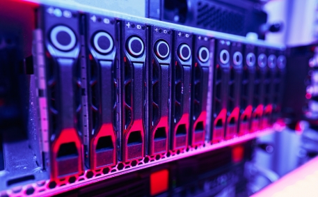 Up-to-date rack-mounted illuminated computer hardware in data center