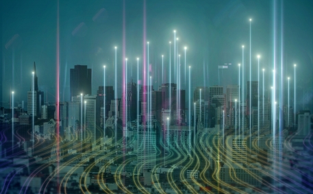 Creative digital city background. Smart city, technology and innovation concept. Double exposure.