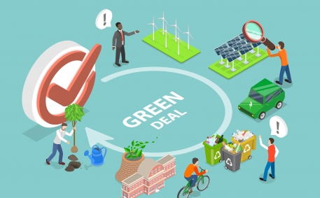 Illustration of green deal best practices like renewable energy and recycling