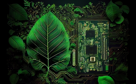Illustration of motherboard or cicruit board covered with leaves roots and plants.