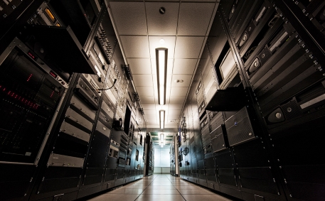 storage racks aligned in a computer server room